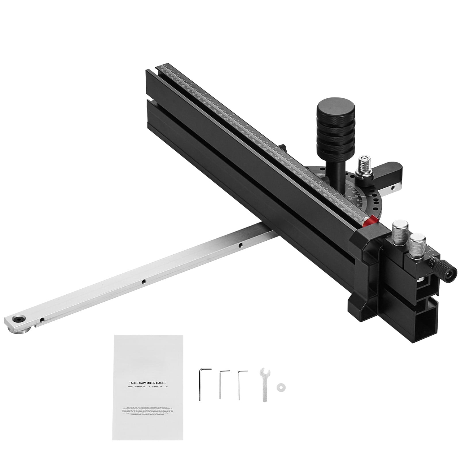 KFFKFF Accurate Miter Gauge, Regular Slot 3/4'' x 3/8'', Aluminum Alloy Crafted Table Saw Miter Gauge featuring 18 in Grating, 15 Angle Stops, Adjustable Spring-Loaded Plunger
