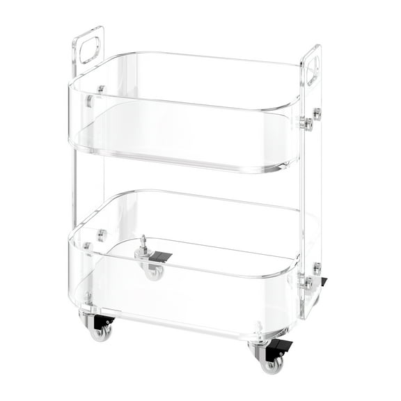 KFFKFF Acrylic Rolling Table with Wheels, 2-Tier Mobile Cart, Modern Clear Storage Desk, Compact Side Table for Living Room, Bedroom, Bar, or Office, 12 x 16.3 x 18.9 in