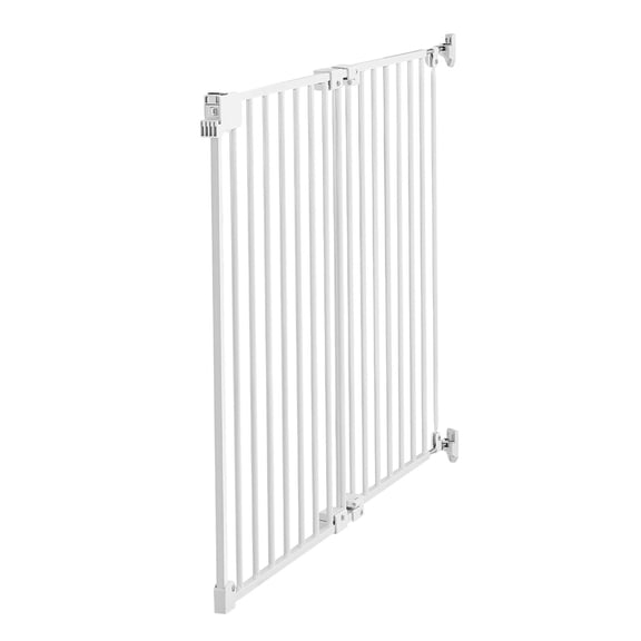 KFFKFF Adjustable Dog Gate for Stairs, 26-43 in Width, 28 in Height, No Bottom Bar, One-Hand Operation, Secure Installation with Hardware Kit, Suitable for Stairs, Doorways, and Home Use, White