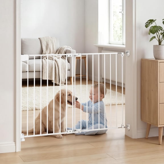 KFFKFF Adjustable Dog Gate for Stairs, 26-43 in Width, 28 in Height, No Bottom Bar, One-Hand Operation, Secure Installation with Hardware Kit, Suitable for Stairs, Doorways, and Home Use, White