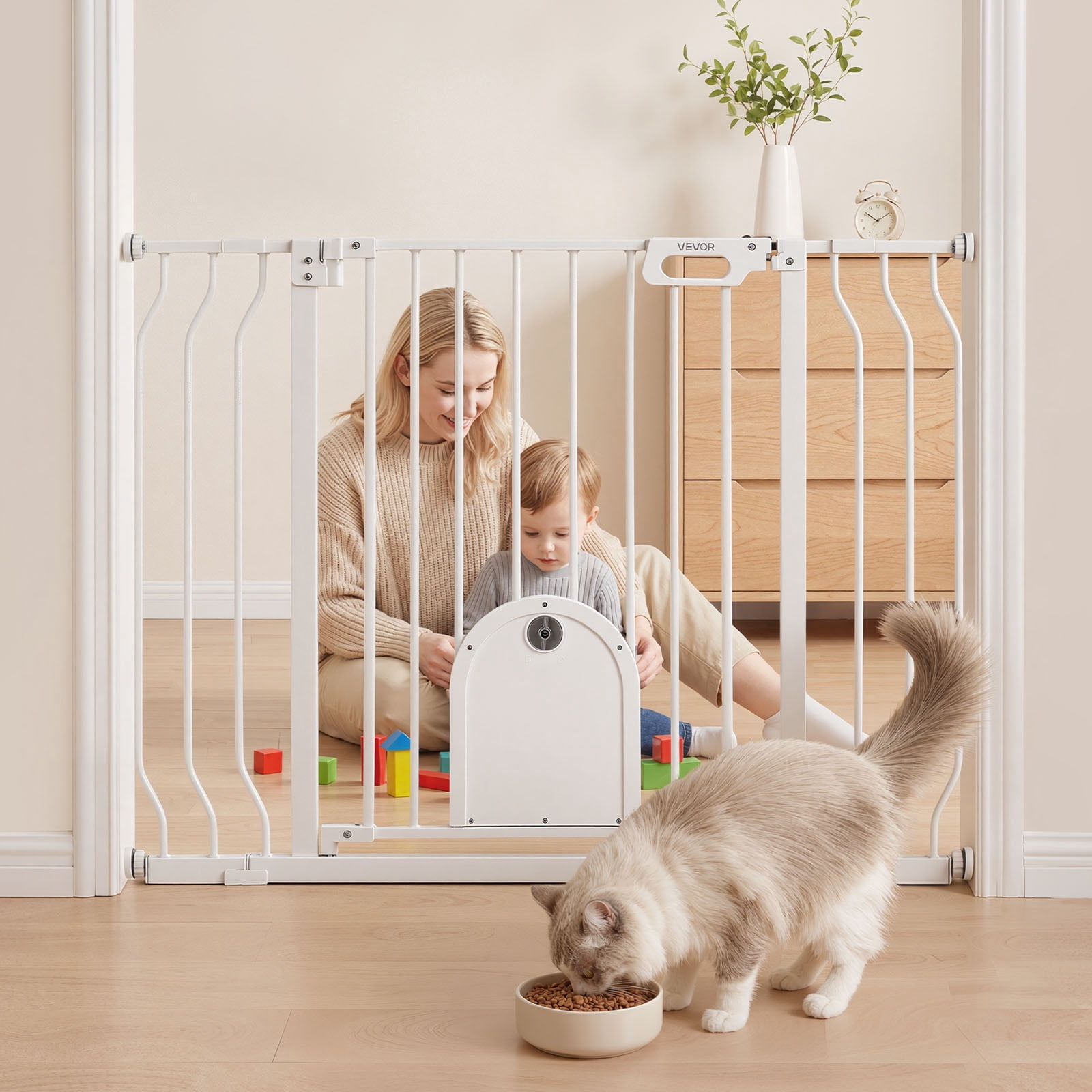 KFFKFF Adjustable Baby Gate for Stairs, 29.5-43 in Width, Baby Gate with Cat Door, Includes Pressure and Wall Mount Kits, Secure Metal Gate for Stairs, Doorways, and Home Use, White