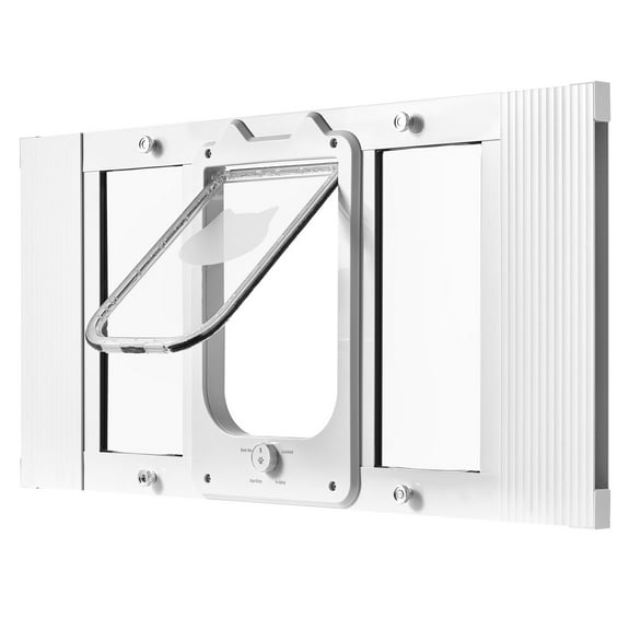KFFKFF Adjustable Cat Door for Window, Fits Window Widths 27"-32", 4 Locking Options, Durable Aluminum Frame with Transparent Glass, Magnetic Seal, Weather-Resistant Pet Access Panel, White
