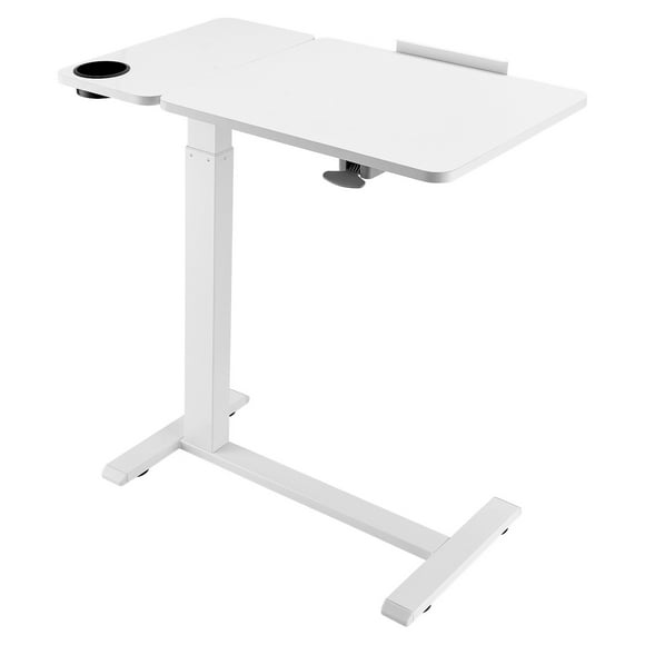 KFFKFF Adjustable Overbed Table with Flip Desktop, Rolling Laptop Desk with Cup Holder, Mobile Bedside Table with Hidden Wheels for Home, Office, and Study, White
