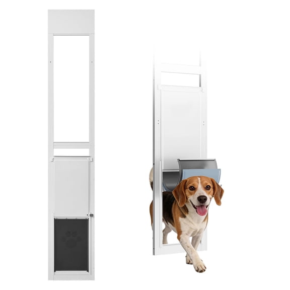 KFFKFF Adjustable Sliding Glass Dog Door, 75 7/8" to 80 11/16" Height, Aluminum Frame with Flap, Rotating Hinge, and Lock, Suitable for Large Dogs, Ideal for Renters