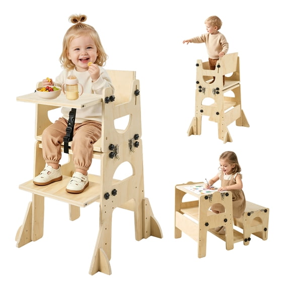 KFFKFF Adjustable Wooden Toddler Tower, Kitchen Step Stool for Kids Aged 1-5, Montessori-Inspired Weaning Table and Chair Set, Learning Tower with Chalkboard, Backrest, Ideal for Kitchen and Bathroom
