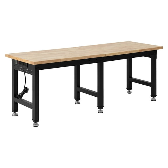 KFFKFF Adjustable Workbench with 5000 lbs Capacity, 72 x 24 Inch Oak Wood Top, Workstation Featuring 4 AC Outlets & 2 USB Ports, Durable Hardwood Table for Garage, Workshop, Home, Office