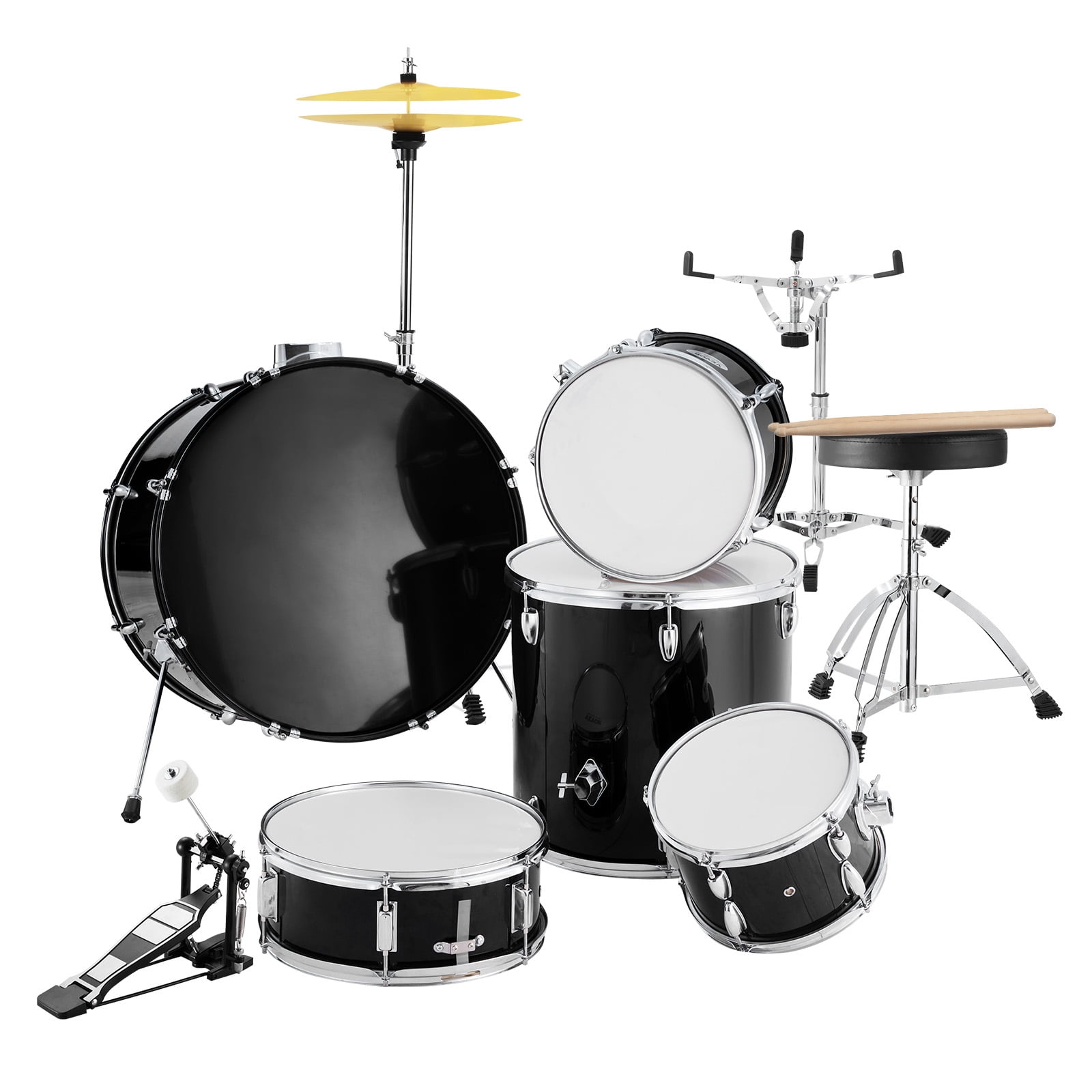 KFFKFF Adult Drum Set, 5-Piece Kit, 22" Full Size with Bass, Toms, Snare, Floor Drum, Adjustable Seat, Stands, Cymbal, Hi-Hat, Pedal & Sticks, Starter Set for Adults, Black