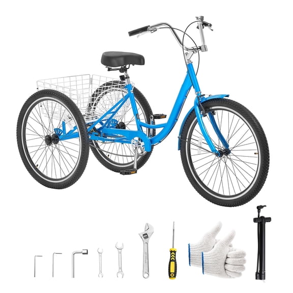 KFFKFF Adult Tricycle Non-Foldable 26-Inch 1-Speed 3-Wheel Cruiser Bike with Cargo Basket, and Durable Double-Wall Rims, Carbon Steel Shopping, Picnics, and Daily Use by Women, Men, and Seniors, Blue