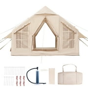 KFFKFF Inflatable Camping Tent for 4-6 Person, 9.84 x 9.84 x 7.54 Ft 300D Oxford Fabric Glamping Blow up Tent with Hand Pump, Waterproof Air Tent with Stove Jack