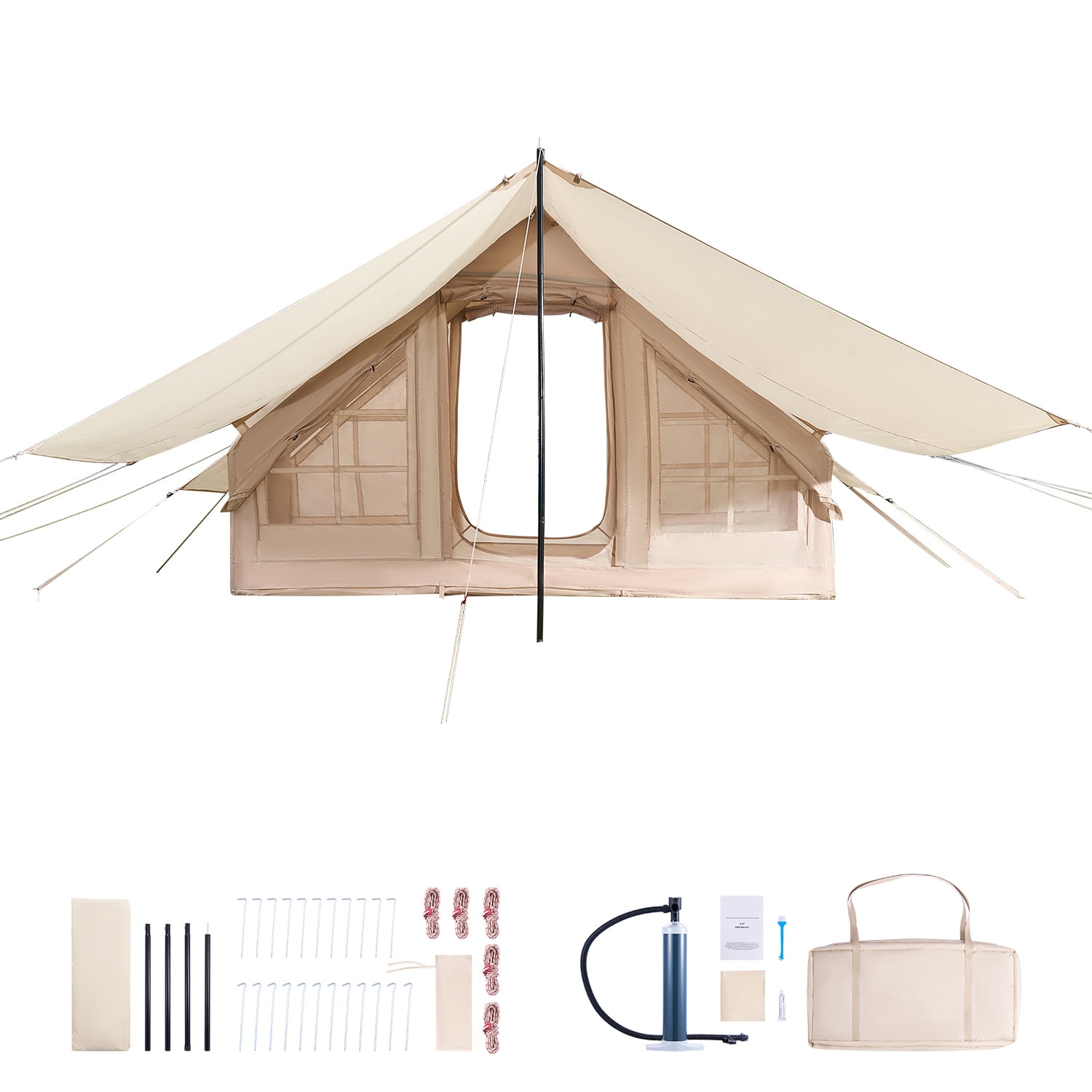 KFFKFF Inflatable Camping Tent for 3-5 Person, 9.84 x 6.56 x 6.56 Ft 300D Oxford Fabric Glamping Blow up Tent with Hand Pump, Waterproof Air Tent with Canopy, Stove Jack