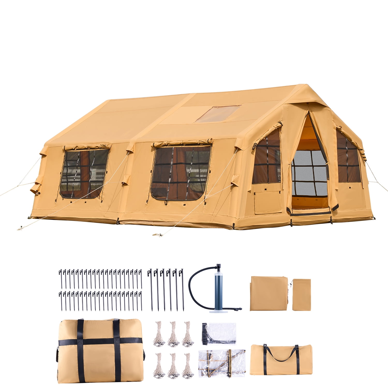 KFFKFF Inflatable Camping Tent for 8-12 Person, 15.75 x 11.81 x 7.22 Ft Glamping Blow up Tent with Hand Pump, Waterproof Air Tent, All-Weather Camping Shelter with Dual Sunroofs, Stove Jack