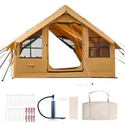 KFFKFF Inflatable Camping Tent for 5-8 Person, 13.12 x 9.84 x 7.22 Ft Oxford Fabric Glamping Blow up Tent with Hand Pump, Waterproof Air Tent with Dual Sunroofs, Stove Jack