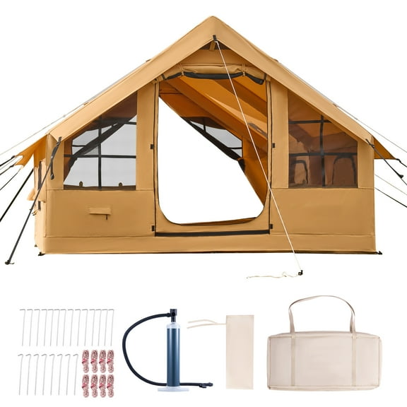 KFFKFF Inflatable Camping Tent for 5-8 Person, 13.12 x 9.84 x 7.22 Ft Oxford Fabric Glamping Blow up Tent with Hand Pump, Waterproof Air Tent with Dual Sunroofs, Stove Jack