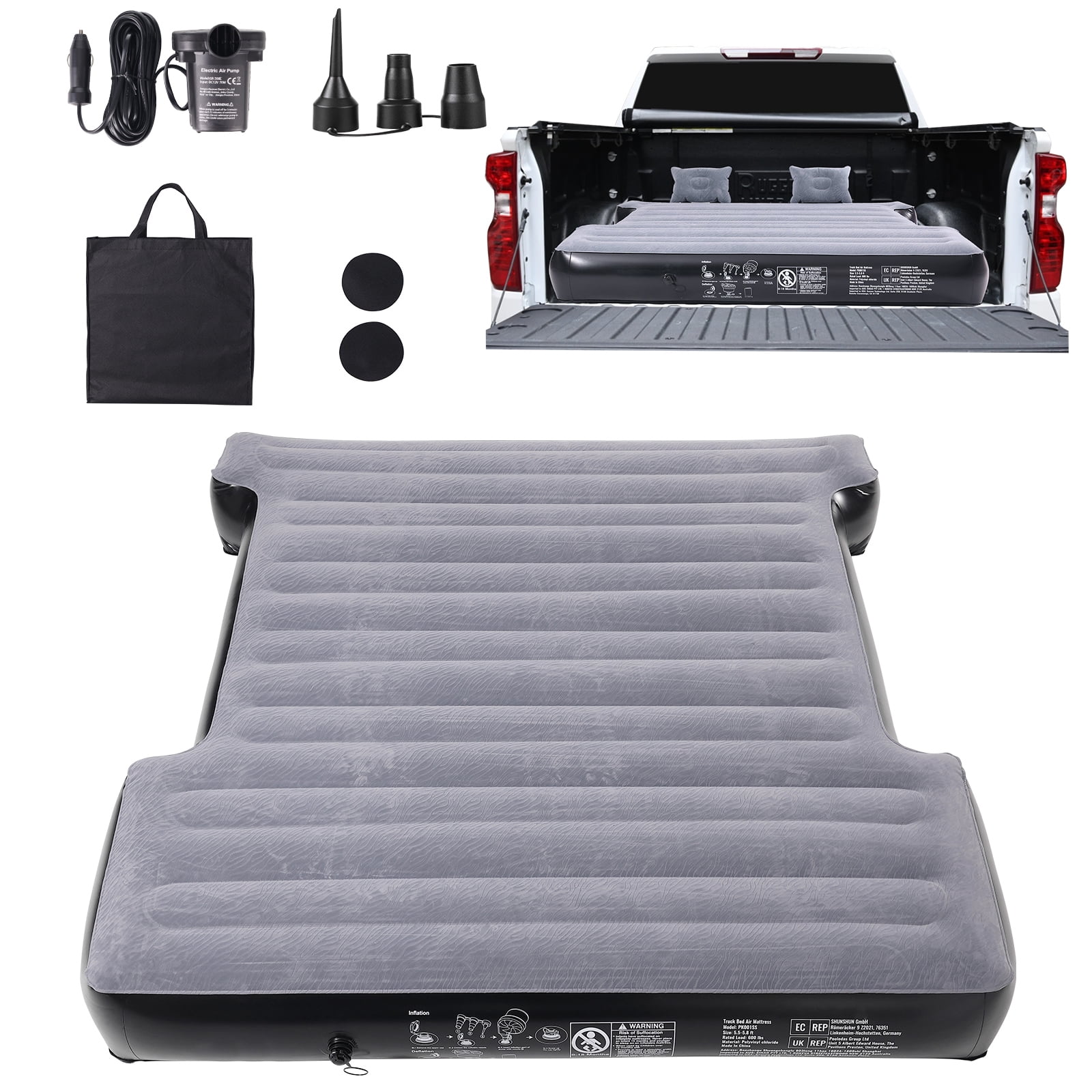 KFFKFF Air Mattress for Truck Bed, Suitable for 5.5-5.8 ft Compact Full-Size Truck Beds, Blow-Up Camping Bed with 12V Air Pump, 2 Pillows, and Portable Bag, Compatible with Silverado, RAM, F Series