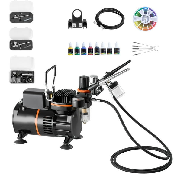 KFFKFF Airbrush Kit with 1/6 HP Compressor, Includes 3 Dual-Action Airbrushes, 3 Nozzles, Hose, Acrylic Paint, Dual Fans, Quiet Operation, Ideal for Cake Decorating, Model Painting, and Nail Art