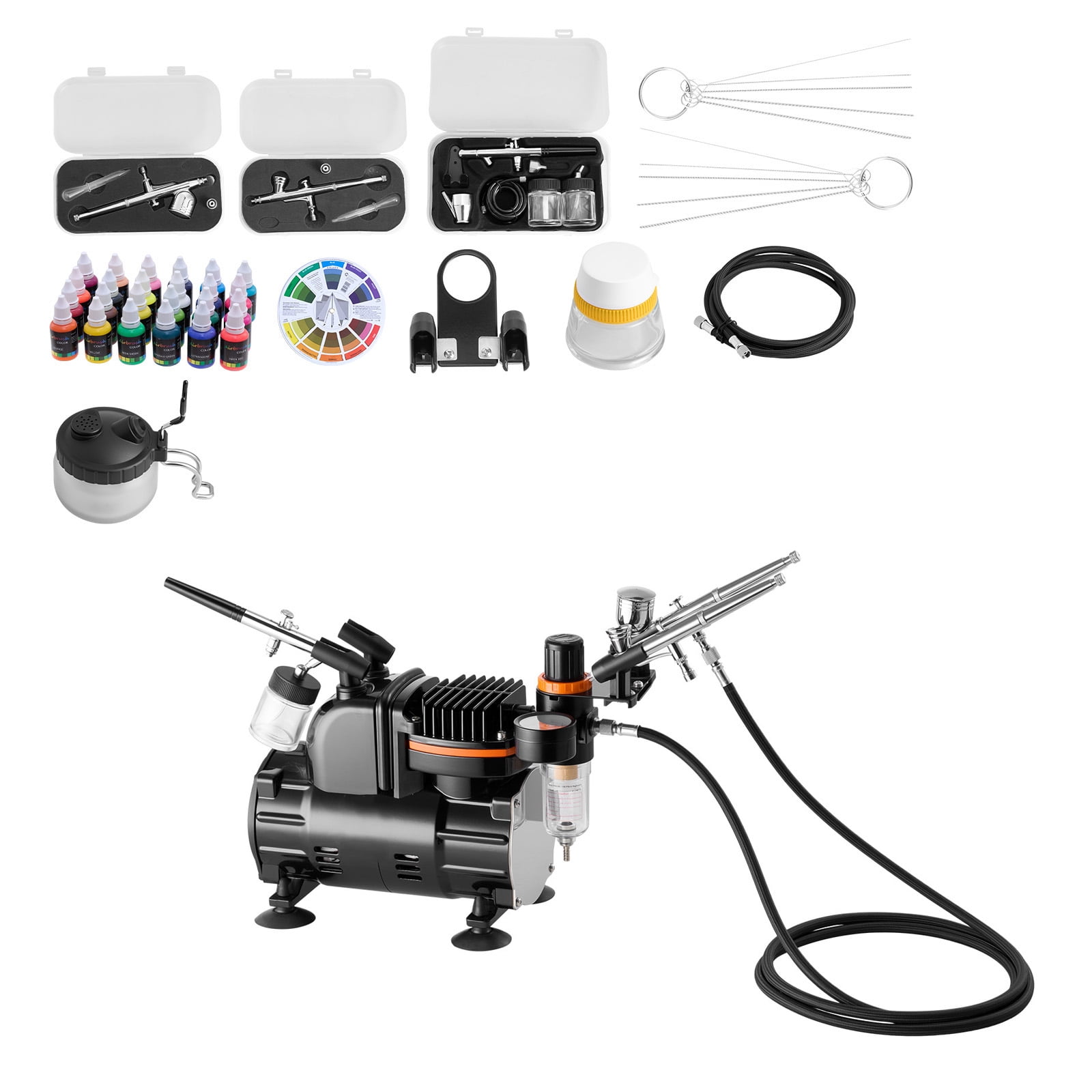 KFFKFF Airbrush Kit with Compressor, 1/6 HP, Includes 3 Dual-Action Airbrushes, 3 Nozzles, Hose, Acrylic Paint, and Cleaning Tools, Quiet Operation, Ideal for Cake Decorating, Model Painting