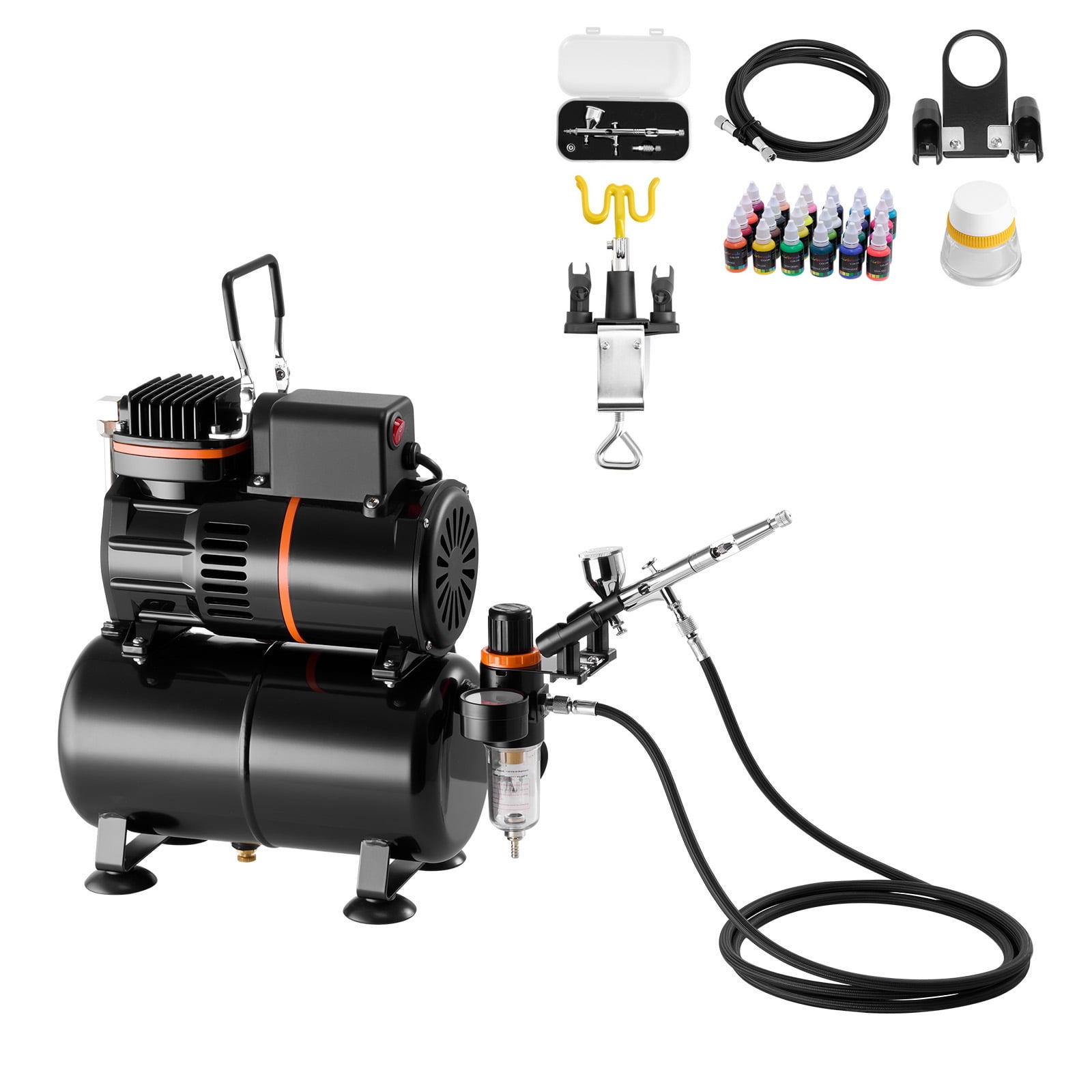 KFFKFF Airbrush Kit with Compressor and Tank, 1/6 HP, Includes Dual-Action Airbrush, Tip, Hose, Acrylic Paint, and Fans for Cake Decorating, Model Painting, and Nail Art