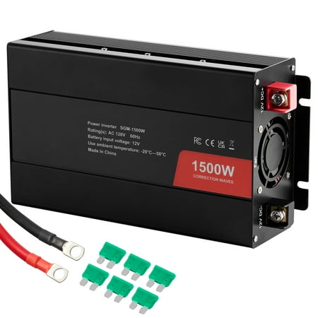KFFKFF Altered Sine Wave Converter, 1500W, Transforms DC 12V to AC 120V, Equipped with 2 AC Receptacles, 2 USB Slots, 1 Type-C Slot, and 6 Auxiliary Fuses,