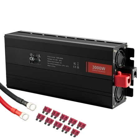 KFFKFF Altered Sine Wave Converter, 3000W Capacity, Transforms DC 12V into AC 120V, Equipped with LCD Screen, 3 AC Sockets, 2 USB Slots, 1 Type-C Slot, 10 Additional Fuses