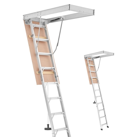 KFFKFF Aluminum Attic Ladder, Adjustable for Ceiling Heights of 9.8'-10.3'/7.66'-9.8', 54" x 22.5" Opening, 375 lbs Weight Capacity, Foldable and Lightweight Design for Easy Attic Access