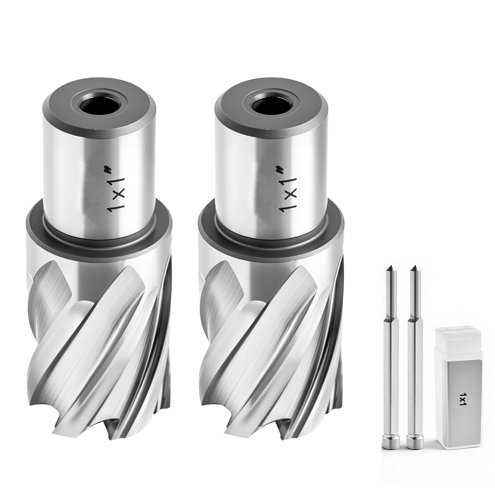 KFFKFF Annular Cutter Set, 4-Piece Weldon Shank Magnetic Drill Bit Kit, 1-Inch Cutting Depth and Diameter, High-Speed Steel, Includes 2 Drill Bits, 2 Pilot Pins, and Plastic Cases