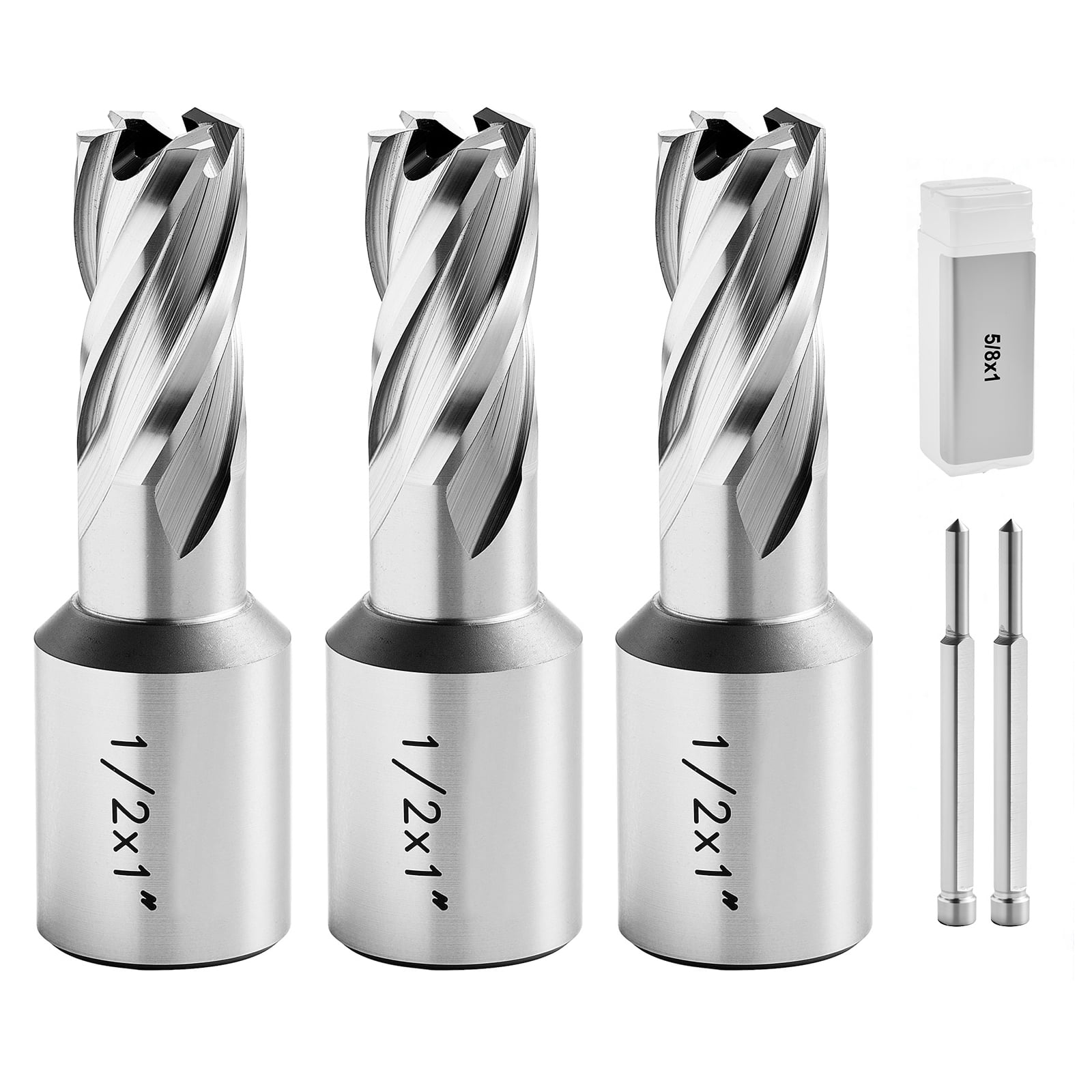 KFFKFF Annular Cutter Set, 5-Piece Weldon Shank Drill Bit Kit, 1" Depth, 1/2", 5/8", 1" Diameters, HSS Material, Includes 3 Drill Bits, 2 Pilot Pins, and 3 Plastic Cases