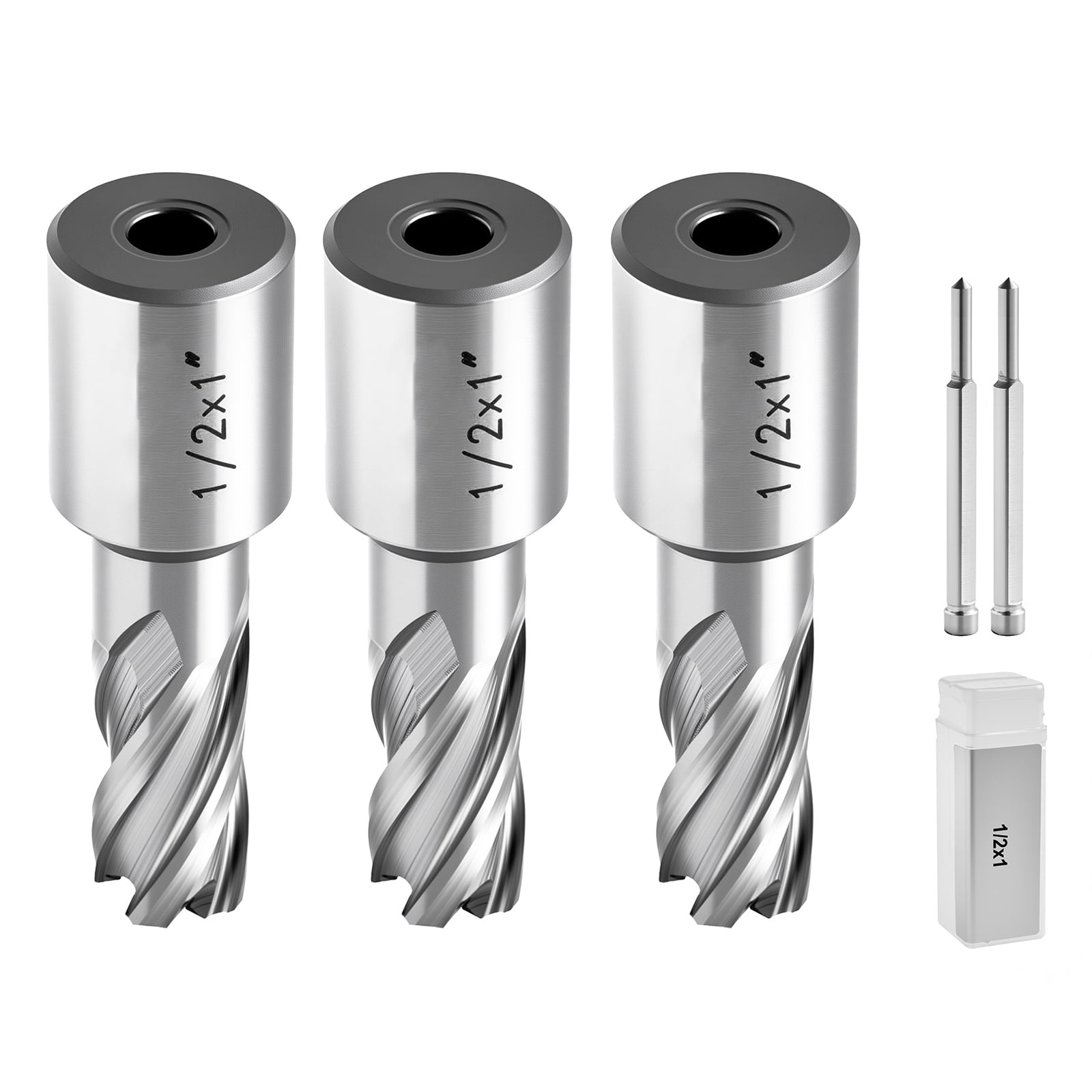 KFFKFF Annular Cutter Set, 5-Piece Weldon Shank Drill Bit Kit, 1" Depth, 1/2" Diameter, HSS Material, Includes 3 Drill Bits, 2 Pilot Pins, and 3 Storage Cases, Compatible with Magnetic Drills