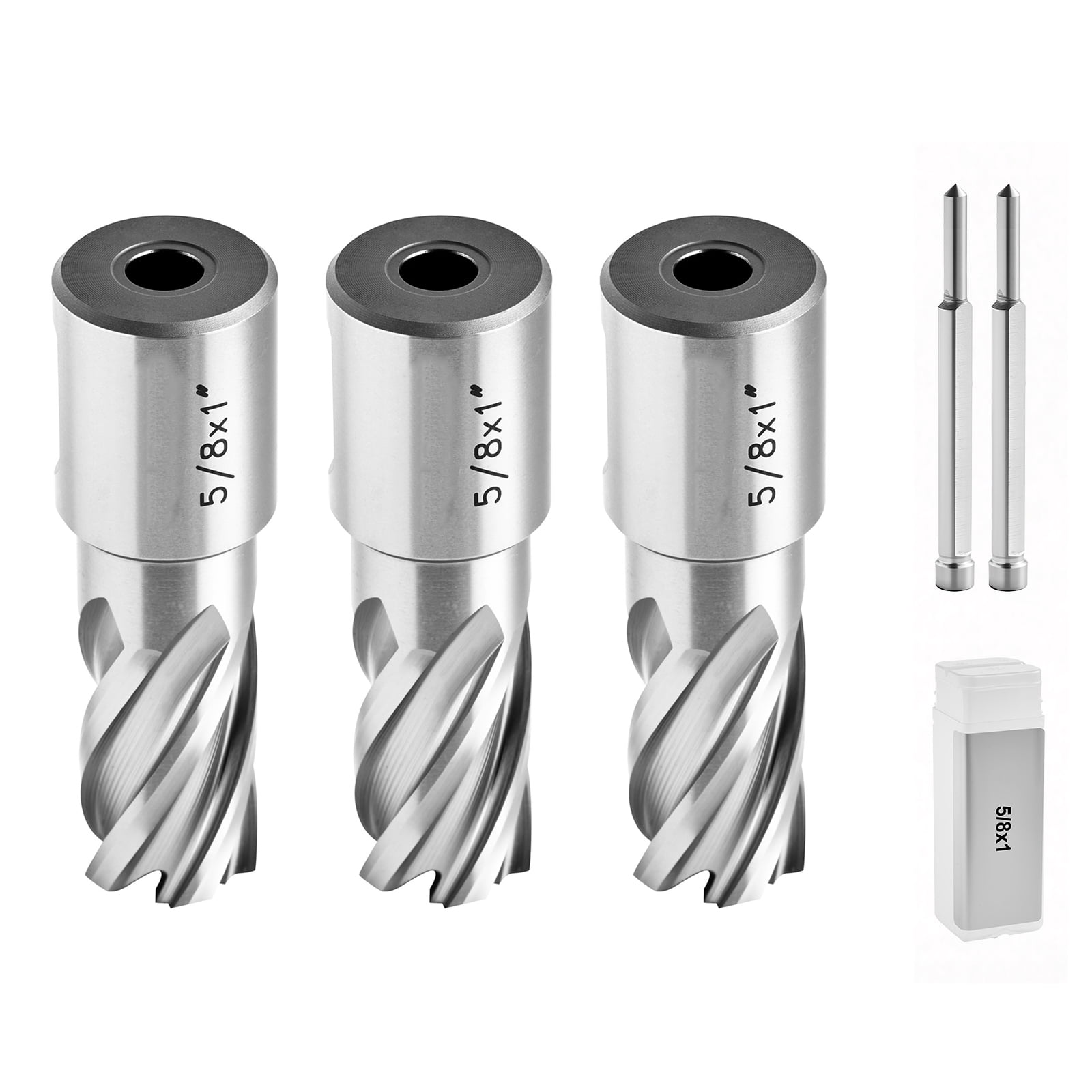 KFFKFF Annular Cutter Set, 5-Piece Weldon Shank Drill Bit Kit, 1-Inch Cutting Depth, 5/8-Inch Diameter, HSS Material, Includes 3 Drill Bits, 2 Pilot Pins, and 3 Storage Cases