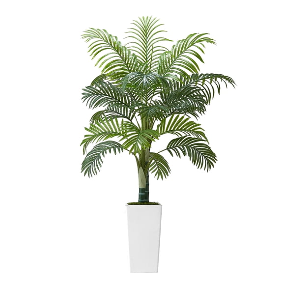 KFFKFF Artificial Areca Palm Tree 5 ft, Faux Tropical Plant with White Tall Planter, Decorative Silk Floor Plant in Pot, Large Indoor and Outdoor Tree for Home, Office, or Living Room Decor