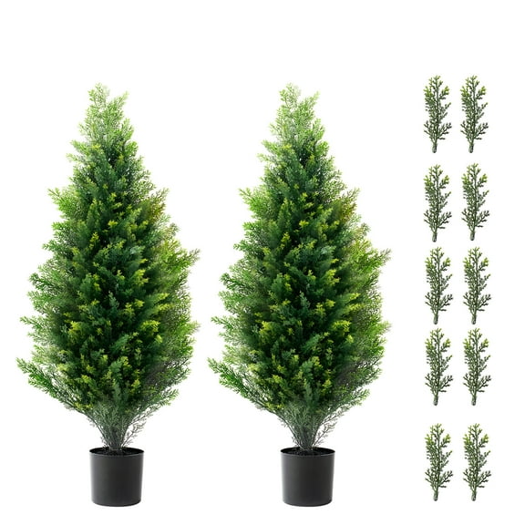 KFFKFF Artificial Cedar Topiary Tree, 36-Inch Tall (Set of 2), with Extra Leaves & Pot, Faux Evergreen Pine Cypress Trees, UV-Resistant Greenery for Indoor and Outdoor Decoration