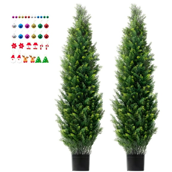 KFFKFF Artificial Cedar Topiary Tree, 60-inch Tall (Set of 2), with Additional Leaves & Pot, Faux Evergreen Pine Cypress Trees for Indoor and Outdoor Decoration, UV Resistant Greenery