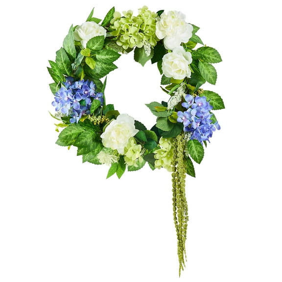 KFFKFF Artificial Decorative Wreath, 23 in, Blue, White, and Green, Featuring Hydrangeas, Roses, Berries, and Vines, Versatile Year-Round Decoration for Indoor and Outdoor Spaces, Perfect for Home
