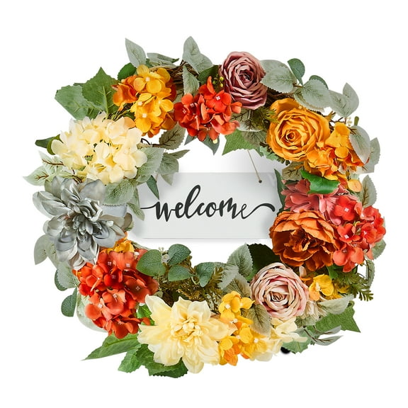 KFFKFF Artificial Decorative Wreath, 24 in, Red, Orange, Yellow, Adorned with Hydrangeas, Roses, Wooden Sign, Versatile Wreath for Indoor and Outdoor Home, Wall, Window, and Seasonal Decorations