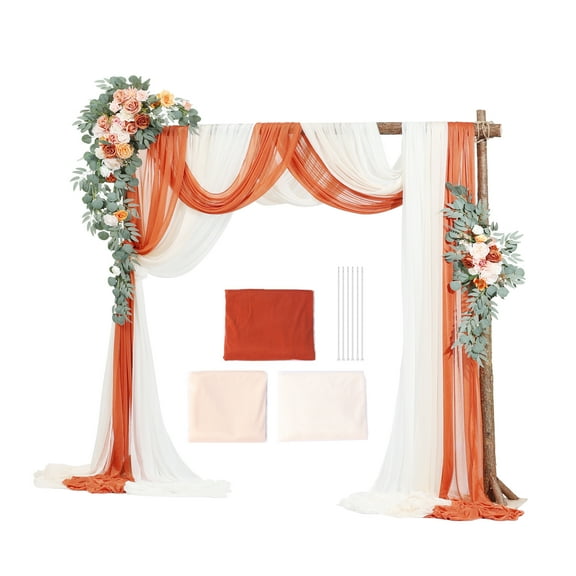 KFFKFF Artificial Wedding Arch Flowers Kit, Orange Floral Set with Drapes (Pack of 5) - Includes 2 Floral Arrangements and 3 Sheer Drapes for Ceremony, Reception, and Backdrop Decoration
