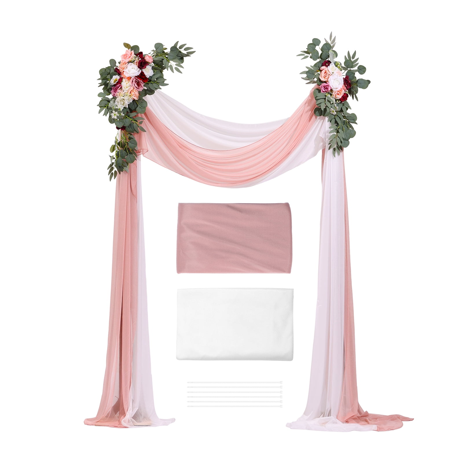KFFKFF Artificial Wedding Arch Flowers Kit, Pink Floral Decorations with Drapes (Set of 4) - Includes 2 Floral Arrangements and 2 Sheer Drapes for Ceremonies, Bouquets, and Backdrop Decor
