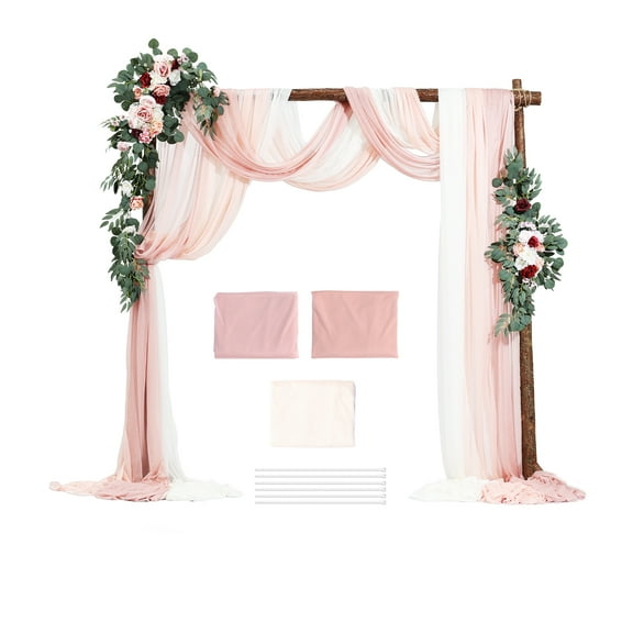KFFKFF Artificial Wedding Arch Flowers Kit, Pink Floral Decorations with Drapes (Set of 5) - Includes 2 Floral Arrangements and 3 Sheer Drapes for Ceremony, Bouquets, and Backdrop Decoration