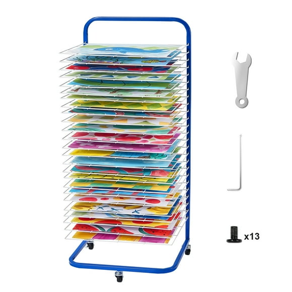 KFFKFF Art Drying Rack, 25 Detachable Trays 17 x 13 x 39.4 inch Color Drying Stand With Movable Casters, Carbon Steel Art Drying Stand, Art Workshops and Schools, Blue+White