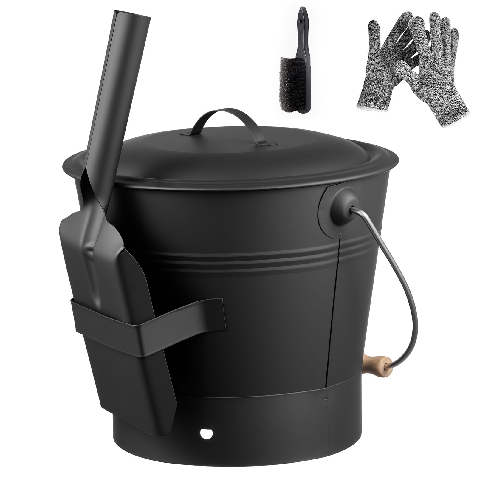 KFFKFF Ash Bucket Set with Lid, Shovel, Broom, and Gloves, Metal