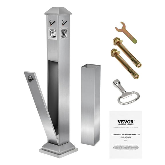 KFFKFF Ashtray Bin, Quadrilateral Smoking Waste Container with Quadruple Entry Points & Protective Lid, Metallic Outdoor Smoking Waste Management for Park, Workplace, Eatery, Inn, Silver