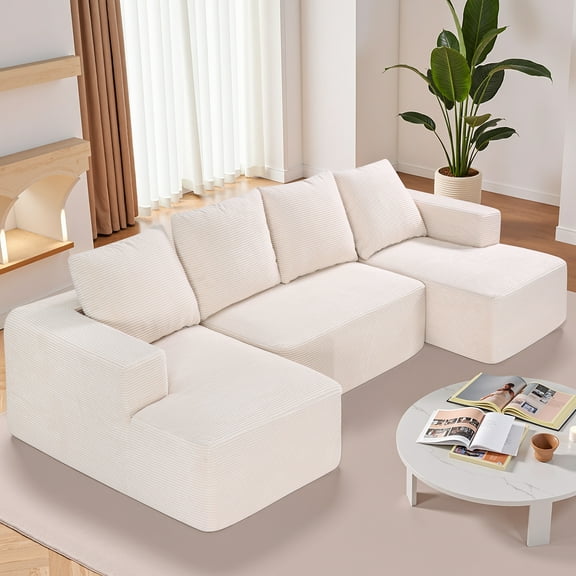 KFFKFF Assembled Sectional Sofa, L Shaped Modular Settee with Lounger, Puffy Sectional Settee with High Elasticity Sponge and Density, Corduroy Upholstered Sofa with Pillow for Lounge, Bedroom, Cream