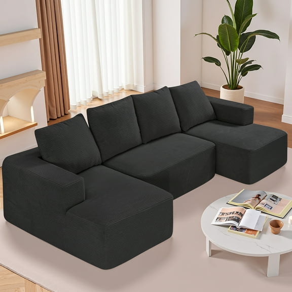 KFFKFF Assembled Sectional Sofa, L Shaped Modular Sofa with Lounger, Puffy Sectional Settee with High Elasticity Sponge and Density, Corduroy Upholstered Sofa with Pillows for Lounge, Bedroom, Black