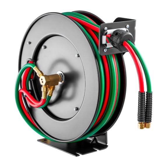 KFFKFF Auto-Retracting Welding Hose Reel, 50FT Dual Oxygen Acetylene Rubber Hose of 1/4-Inch Diameter, Maximum 300PSI - T Grade, Suitable for Ceiling/Wall Installation, Heavy-Duty Steel Construction