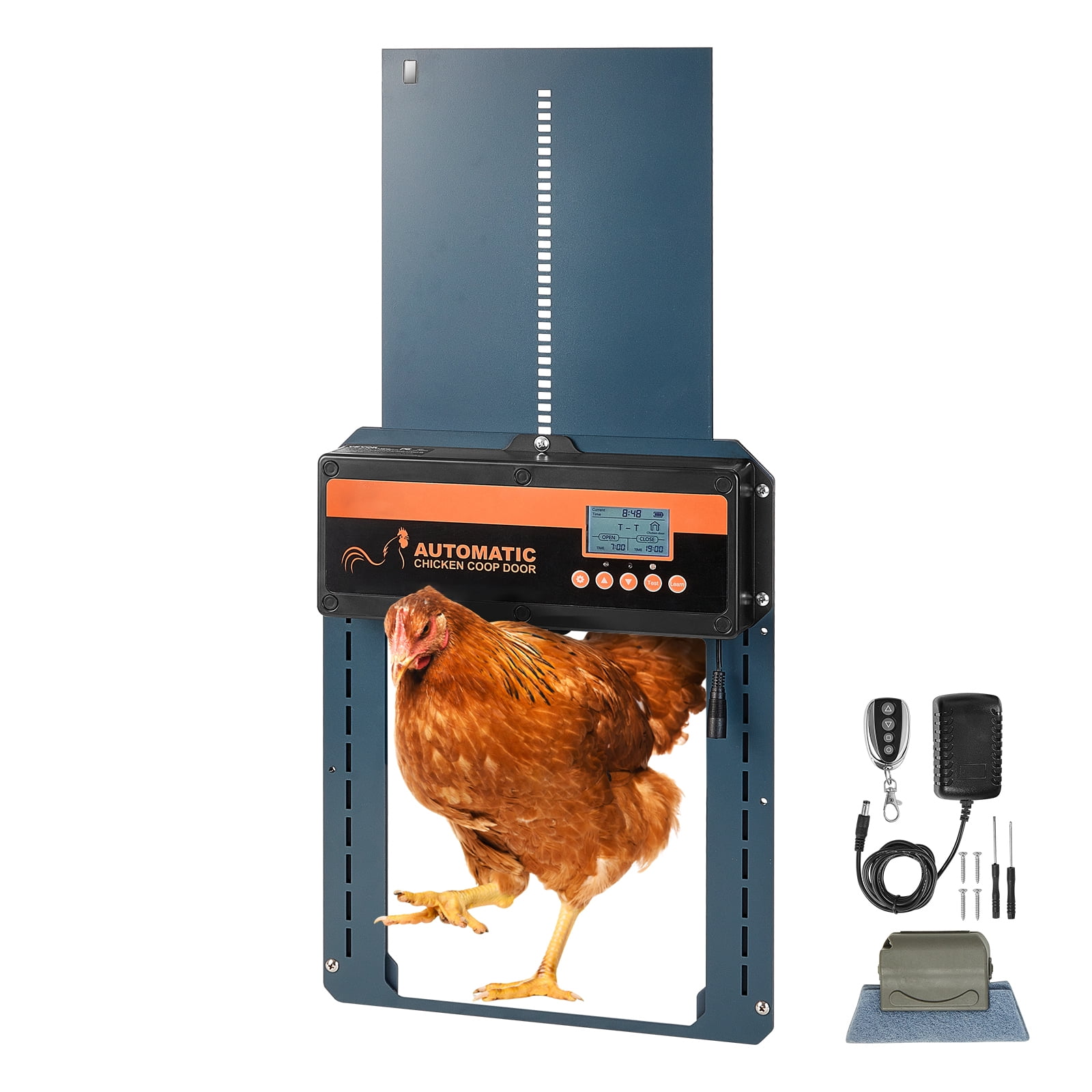 KFFKFF Automated Poultry House Entry, Automatic Hen House Door Controller with Timing & Illumination Detection, Aluminum Poultry Pen Access with Remote Command and LCD Display