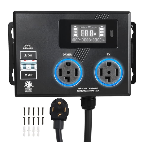 KFFKFF Automatic EV Charging Switch, NEMA 14-30, Power Splitter for Dryer & EV Charger, 24A Max 240V Smart Energy Distribution with Circuit Breaker, Real-Time Monitoring, Compatible with EVs, Ovens