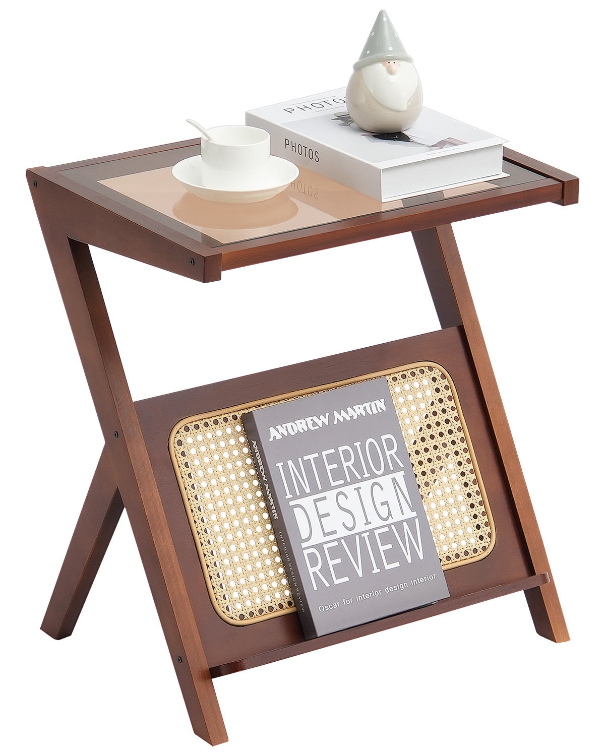 KFFKFF Bamboo Coffee Table, Contemporary Z-Form Rattan Weaved Table with Reinforced Glass Surface, 20” Bohemian Style Storage Table with Authentic Bamboo Stands, Suitable for Lounge, Bedroom