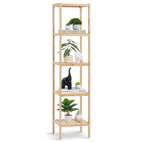 KFFKFF Bamboo Display Stand with 5 Tiers, Compact Storage Solution, Organizer Shelf, Detached Flower Pot Stand, Multi-Functional Bamboo Rack Ideal for Bathrooms, Kitchens, and Homes, Eco-Friendly