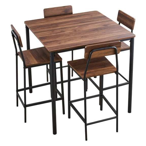 KFFKFF Bar Table Set, 5-Piece 35 Bar Table and Chair Set, Rounded Edge Design with Square Table and Four Stools for Living Room, Dining Room, Kitchen, Walnut Finish, Black Frame