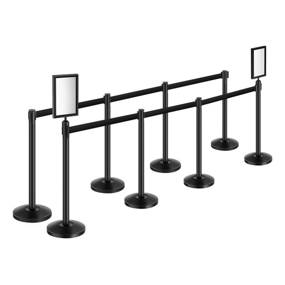 KFFKFF Barrier Post, Set of 8, Retractable Belt, Carbon Steel in Black, Sand-Injected Hollow Base, Ideal for Crowd Management at Theatres, Social Gatherings, Nuptials, Showcases