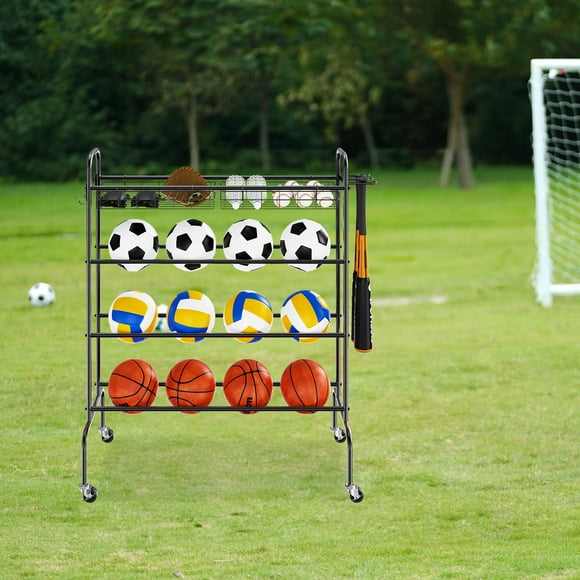 KFFKFF Basketball Rack with Wheels 4 Tier Rolling Ball Storage Shooting Training Stand with Hook Basket, Sports Equipment Storage Basketball Holder for Volleyball, Football and Basketball