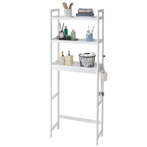 KFFKFF Bathroom Storage Above Toilet, 3-Level Adjustable Bamboo Organizer, Shelf Rack with Trio Hooks, Independent Assembly for Laundry Room Saving Space, Compatible with Various Toilets, White